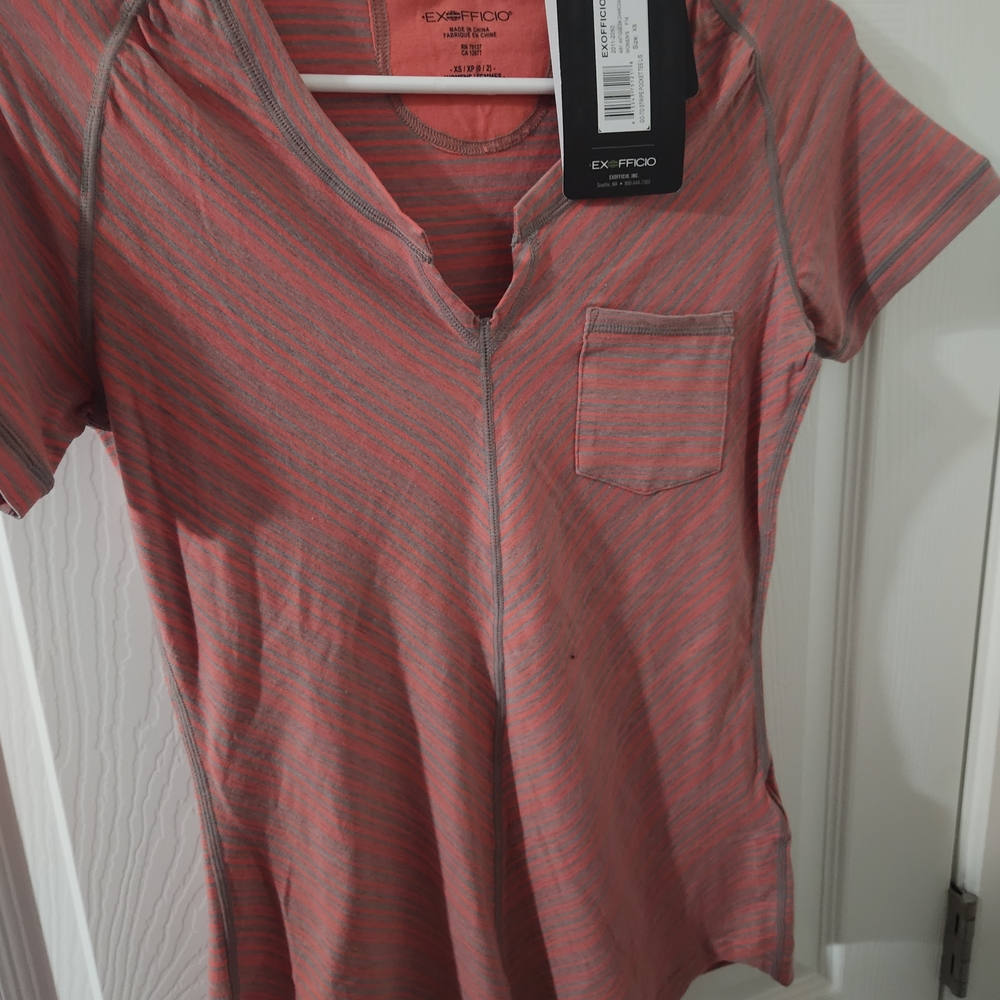 Exofficio Pink and Gray Striped Short Sleeve Tee